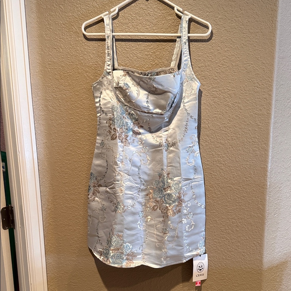 Cider Light Blue Floral Satin Dress